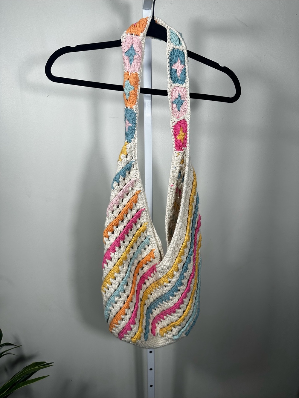 Colorful Crochet Hobo Shoulder Bag Granny Square Strap Boho Lined